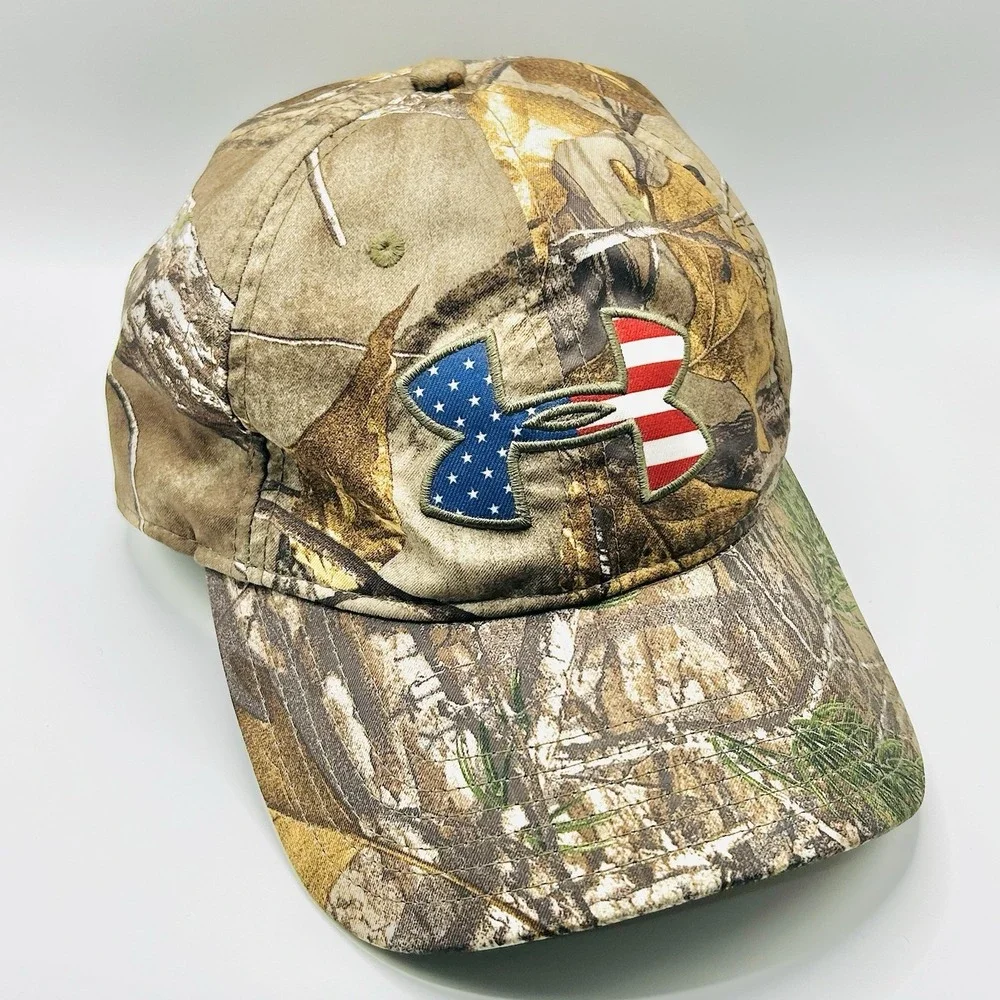 Under Armour USA Flag Logo Camo Hat Cap Adjustable Snapback Brown Hunting Casual